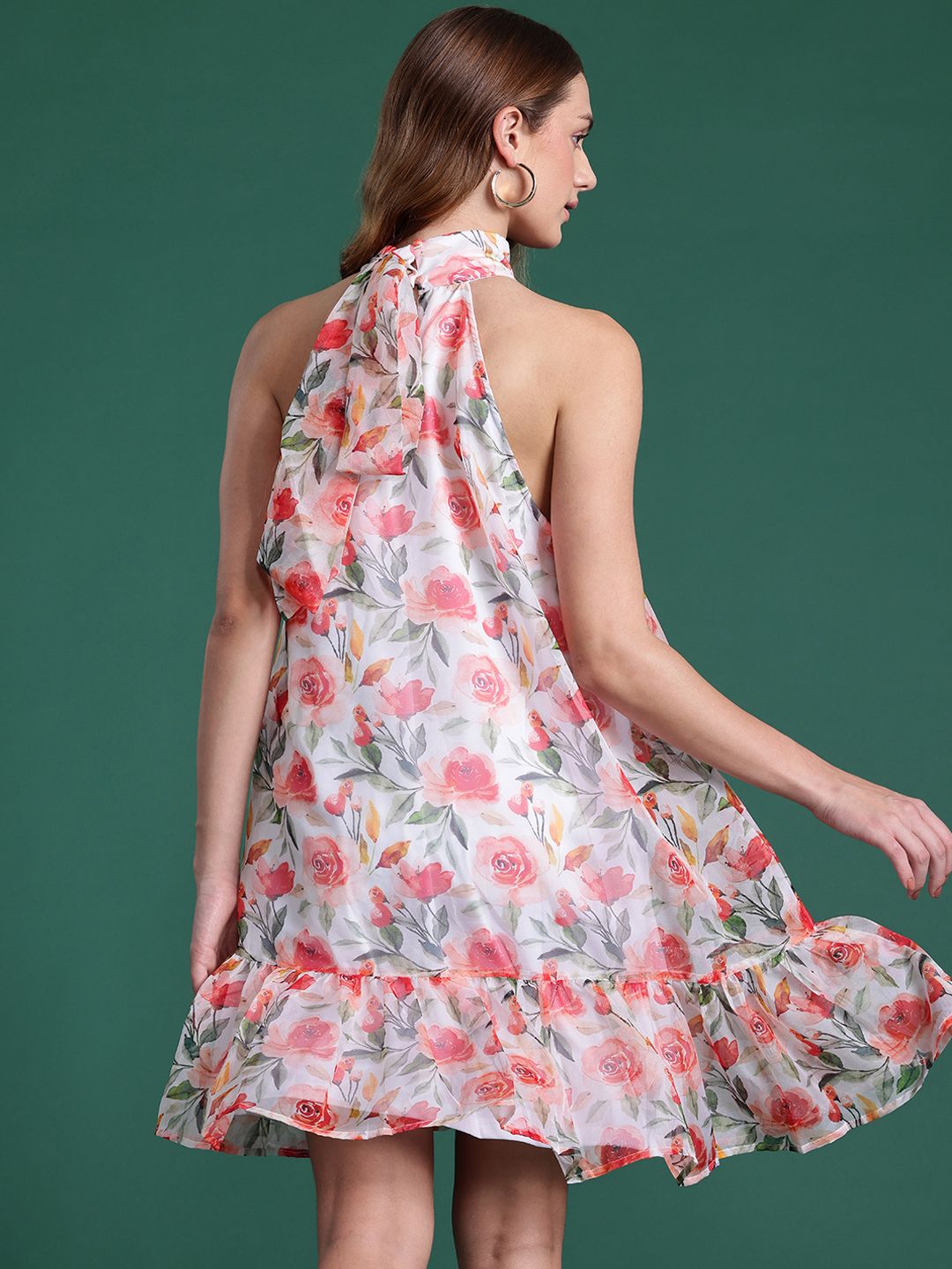 DressBerry Floral Print Halter Neck A-Line Mini Dress
