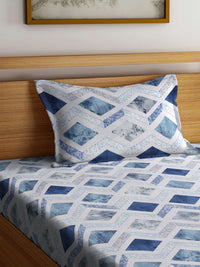 KLOTTHE Blue & White Geometric Printed Pure Cotton 400 TC Fitted Single Bedsheet Set