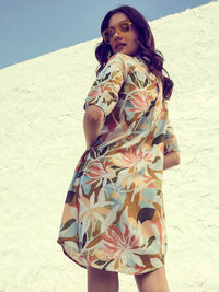 Athena Green & Brown Floral Printed Cotton Linen Dress