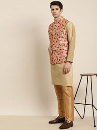 SOJANYA Kurta Emas & Merah Lelaki dengan Jaket Churidar & Nehru