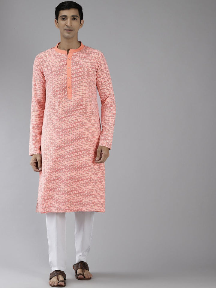 See Designs Men Coral Pink Printed Pure Cotton Kurta with Trousers
