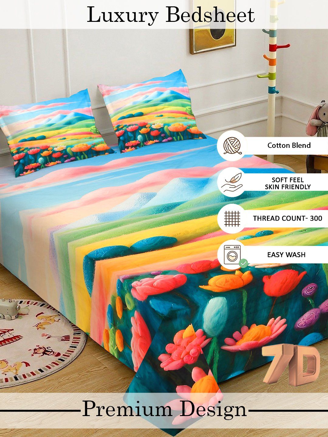 Myntra Elegant Homes Multicoloured Cartoon Characters 300 TC King Bedsheet with 2 Pillow Covers