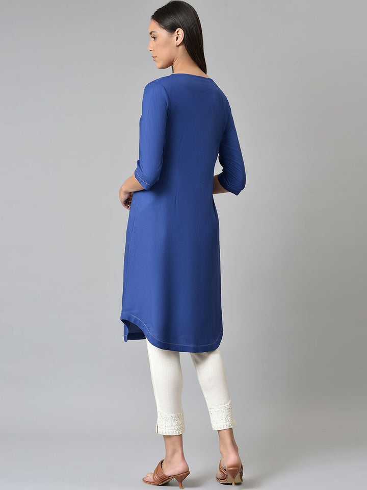 W Women Blue Floral Embroidered Thread Work Floral Printed  Kurta