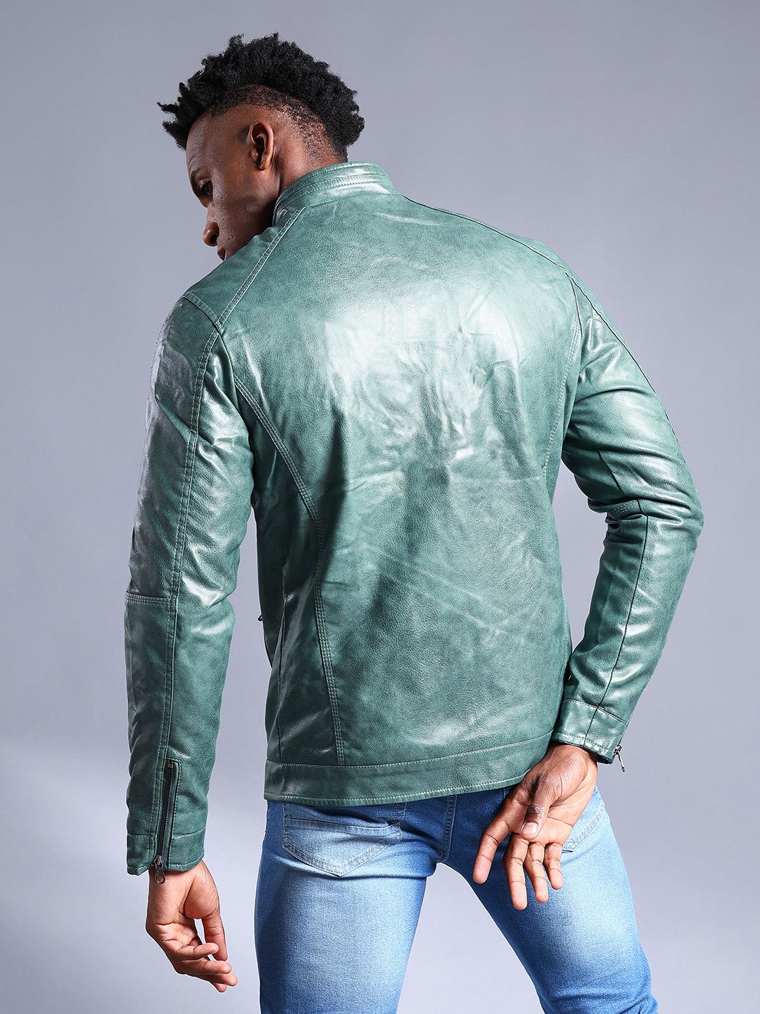 The Indian Garage Co Men Slim Fit Faux Biker Jacket with Zip Closure
