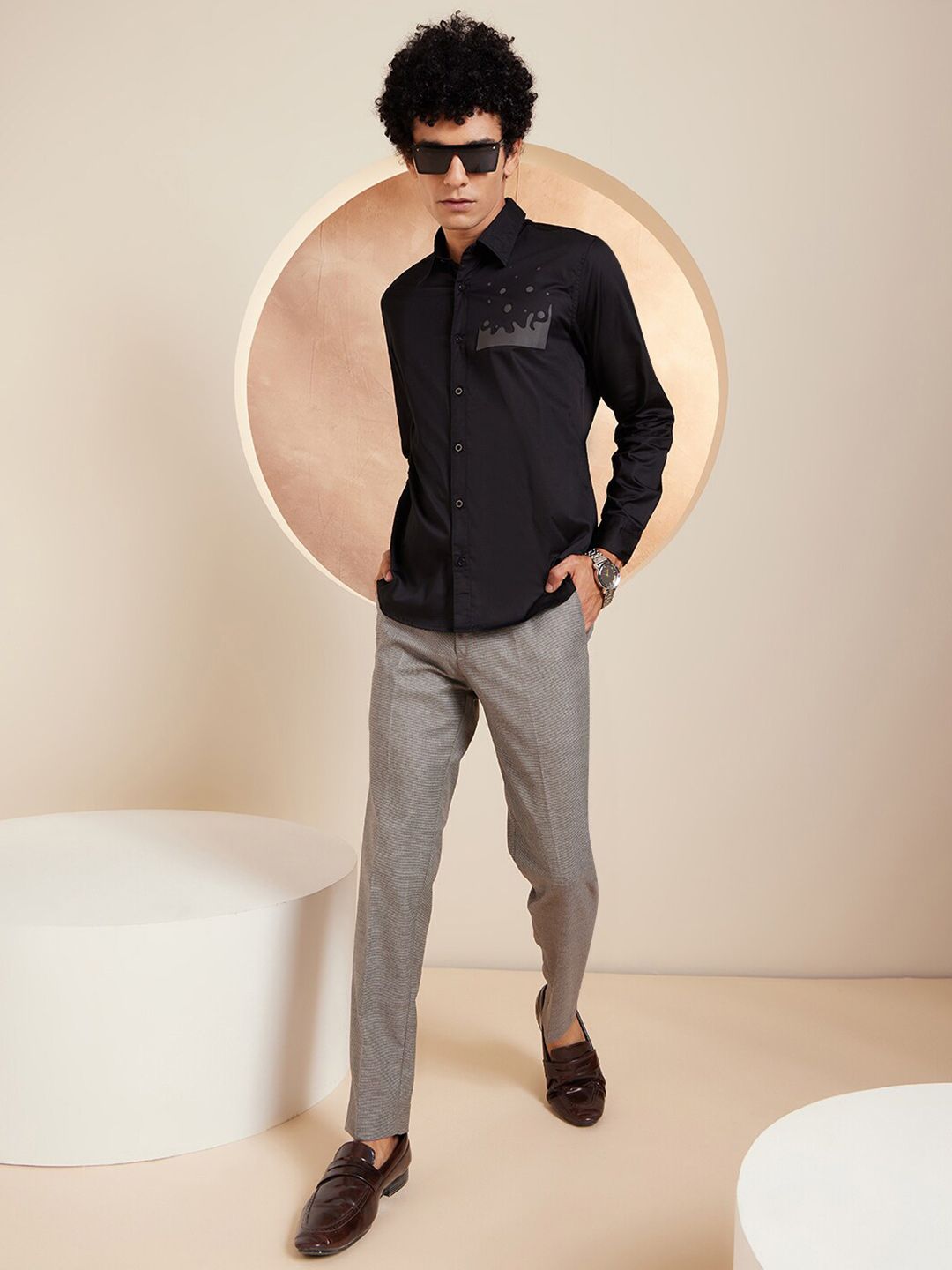 DENNISON Smart Abstract Printed Spread Collar Long Sleeve Cotton Shirt
