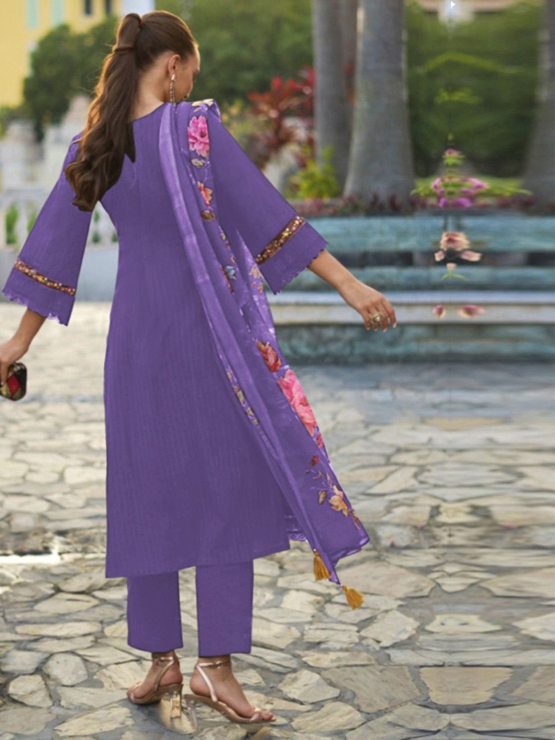 Indo Era Floral Embroidered Regular Thread Work Pure Cotton Kurta With Trousers & Dupatta
