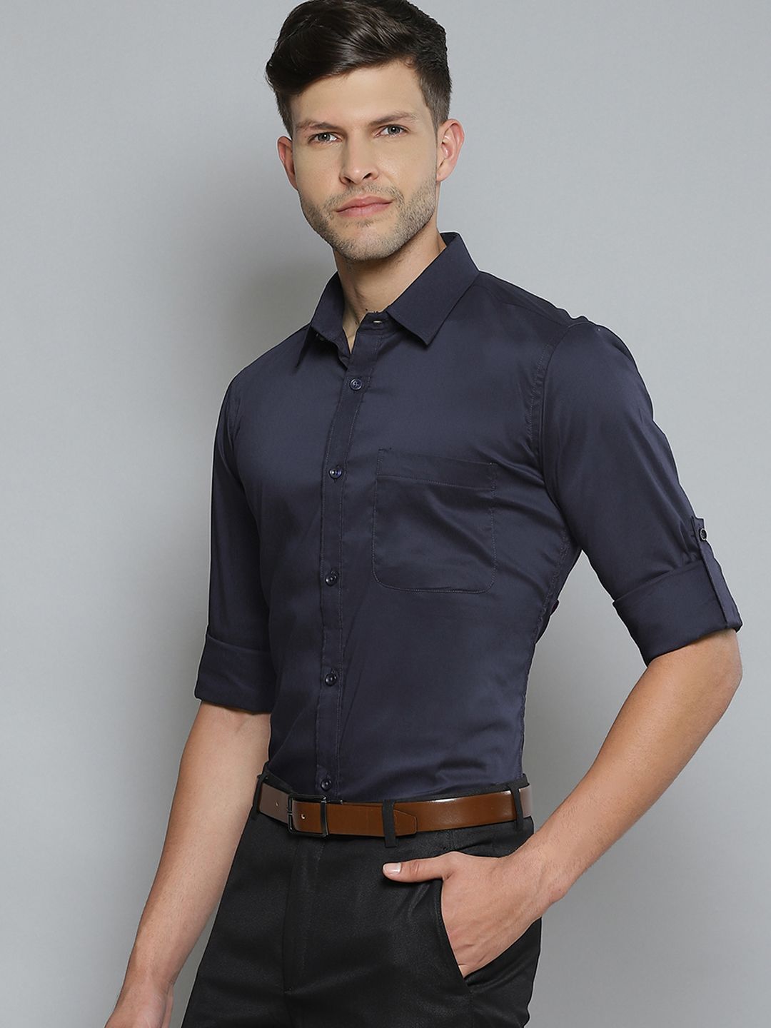 DENNISON Men Navy Blue Smart Slim Fit Stretchable Lycra Formal Shirt