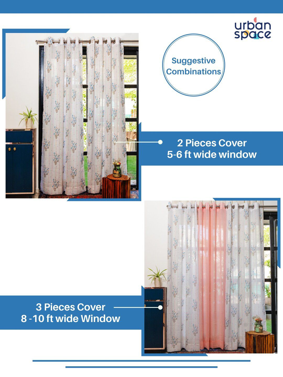 URBAN SPACE White & Blue 2 Pieces Floral Sheer Window Curtains