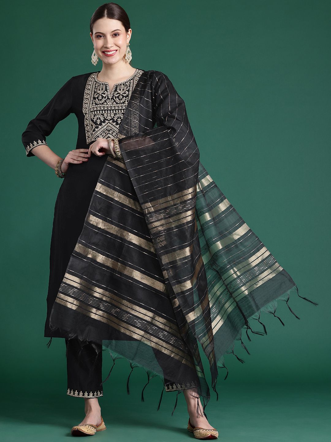 Indo Era Yoke Design Zari Liva Kurta With Trousers & Dupatta