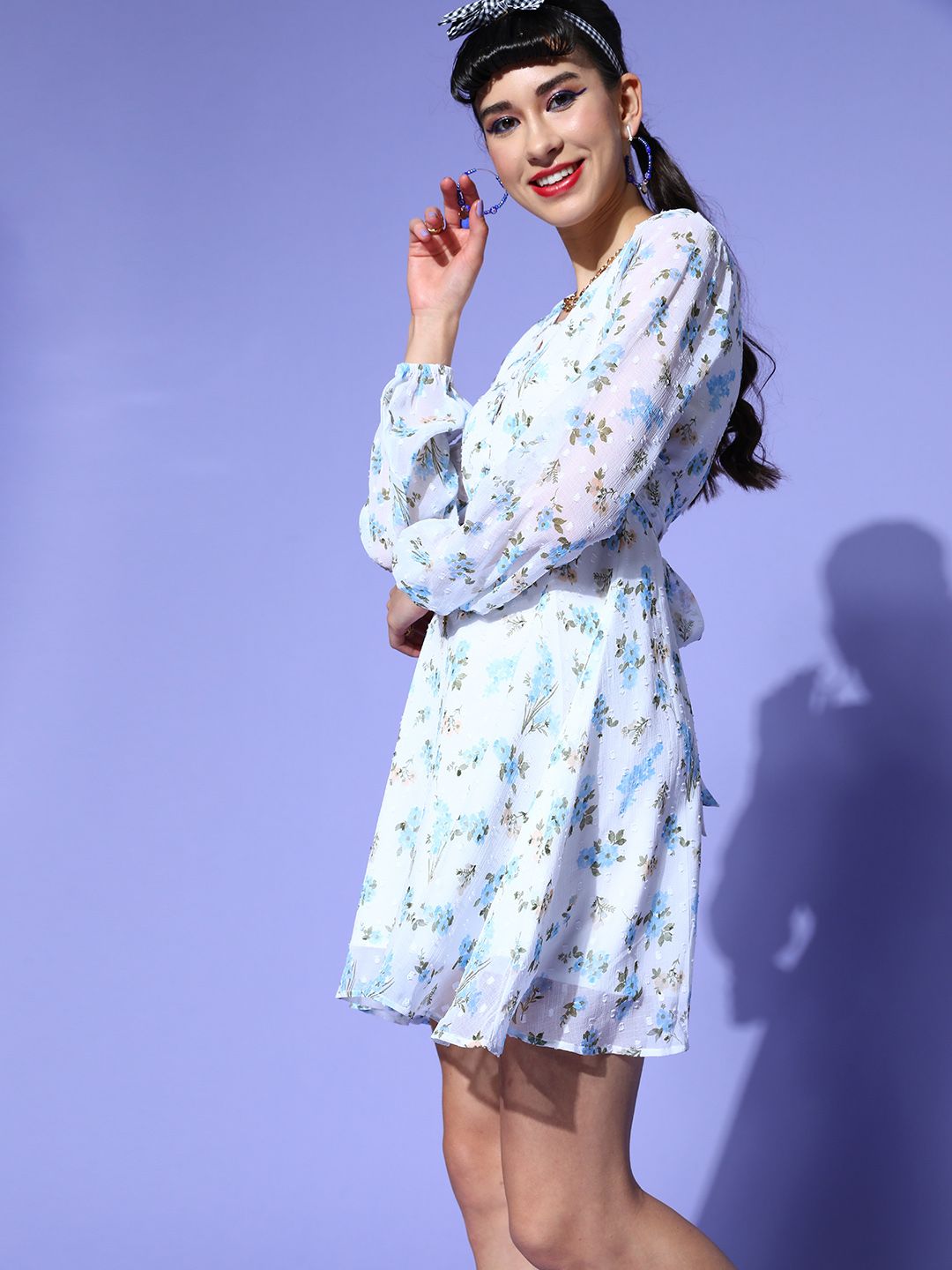 Berrylush Women Floral Print Chiffon Puff Sleeves Mini Dress