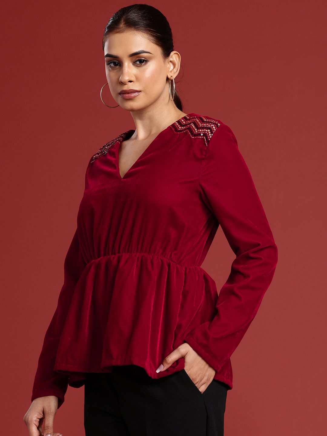 all about you Sequined Detail V-Neck Velvet Top