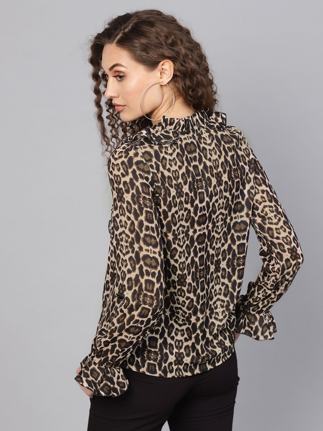 SASSAFRAS Beige & Black Animal Print Shirt Style Top