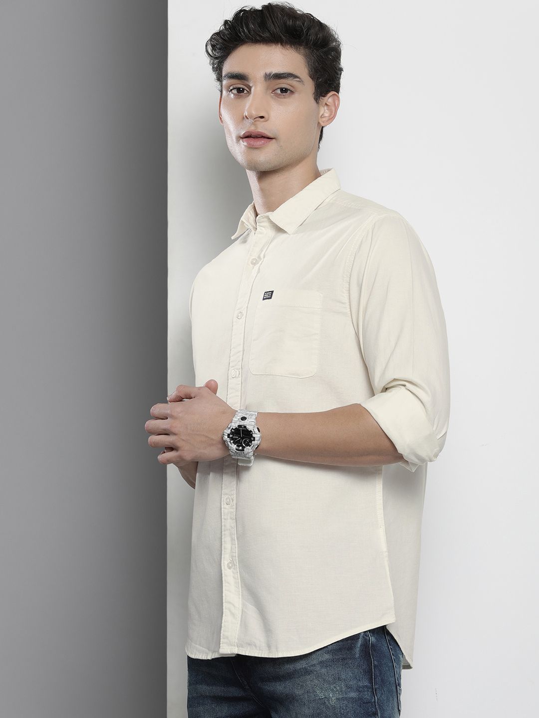 The Indian Garage Co Men Cream-Coloured Solid Casual Shirt