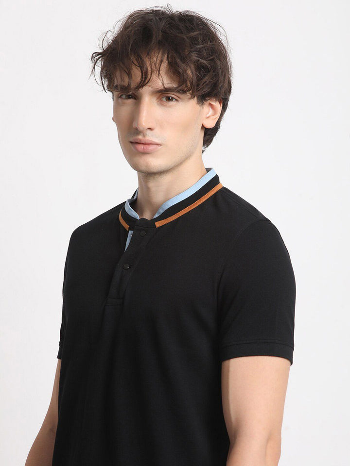 THE BEAR HOUSE Mandarin Collar Cotton Slim Fit T-shirt
