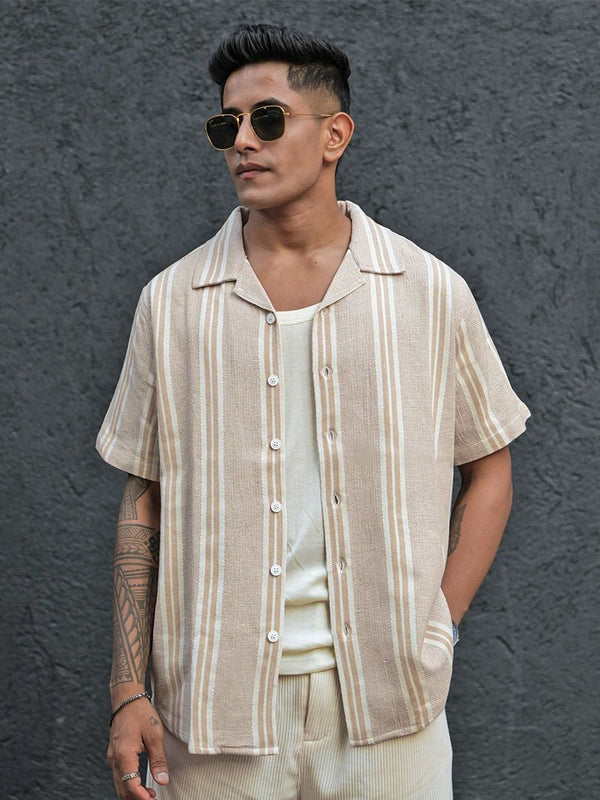 Powerlook Men Striped Cuban Collar Casual Shirt