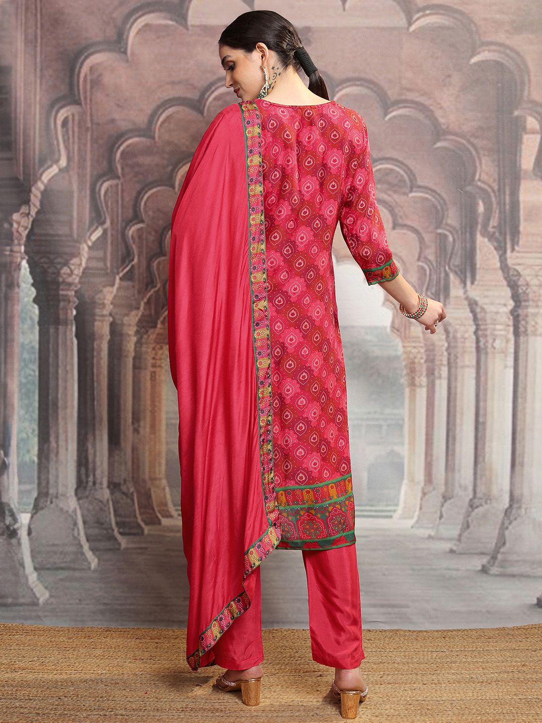 Vishudh Red Ethnic Motifs Printed Straight Kurta With Trousers & Dupatta