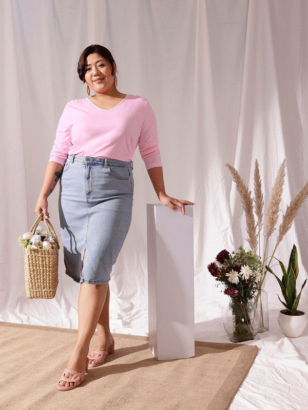 CURVY STREET Plus Size V-Neck Cotton T-shirt