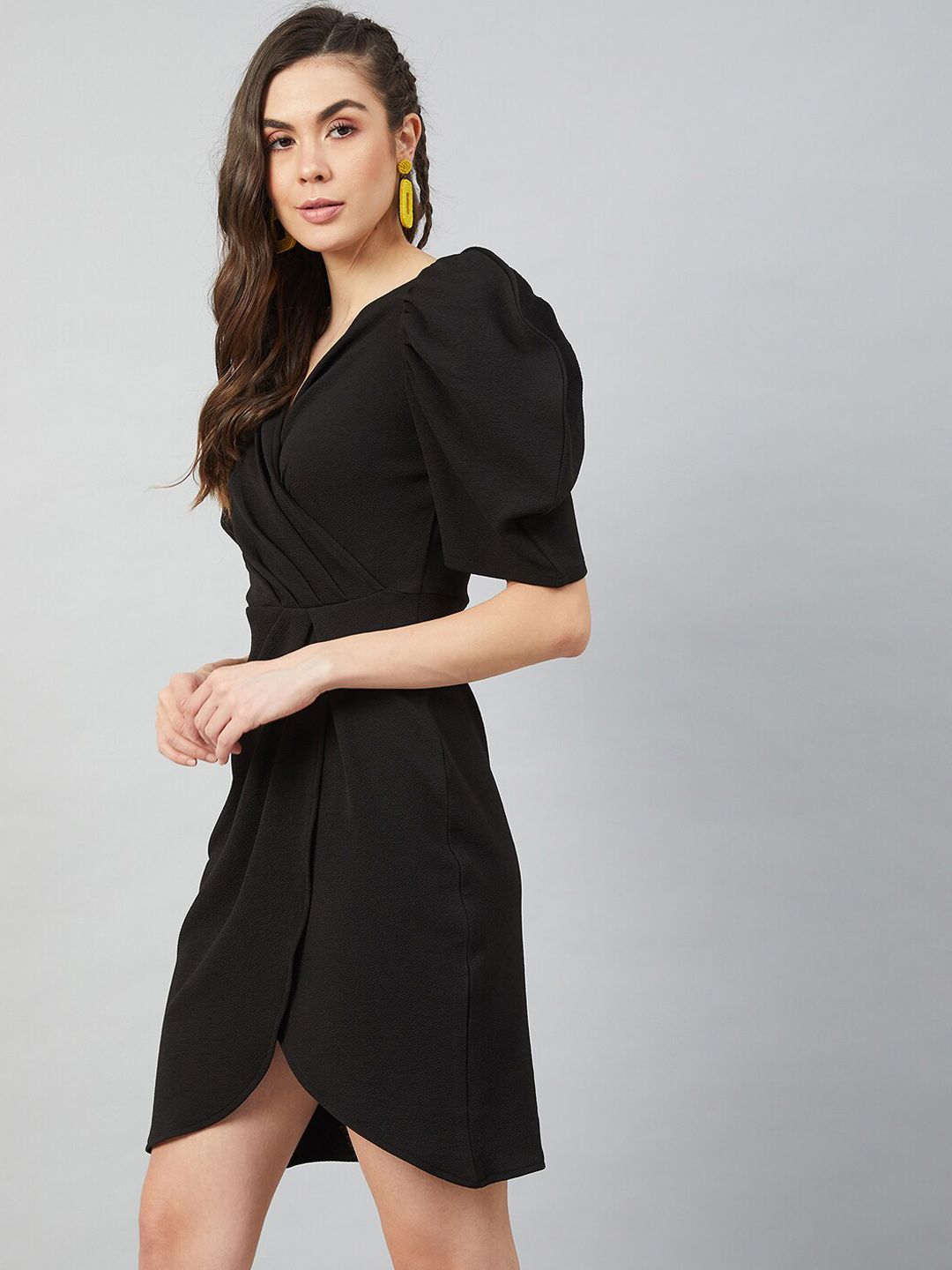 Athena Black Tulip Wrap Dress With Volume Sleeves