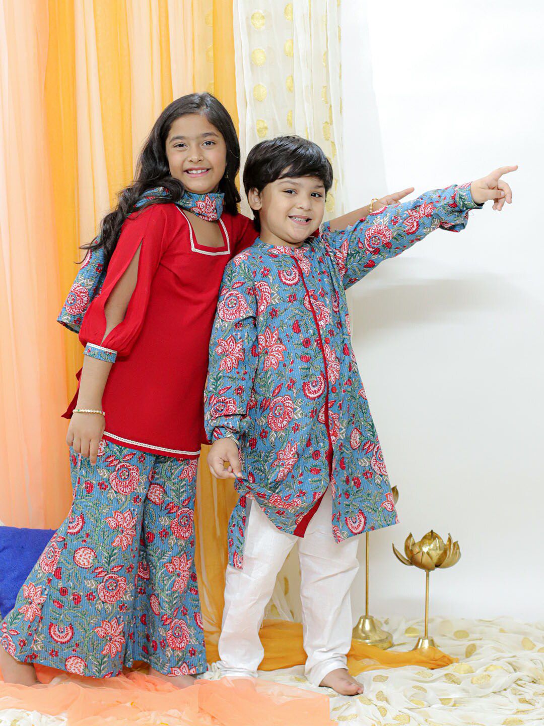 VASTRAMAY Girls Kantha Work Pure Cotton Kurti with Palazzos & Dupatta