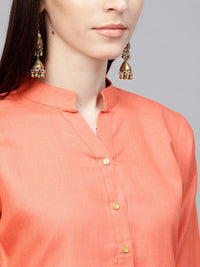 Libas Women Coral Orange Solid Straight Kurta