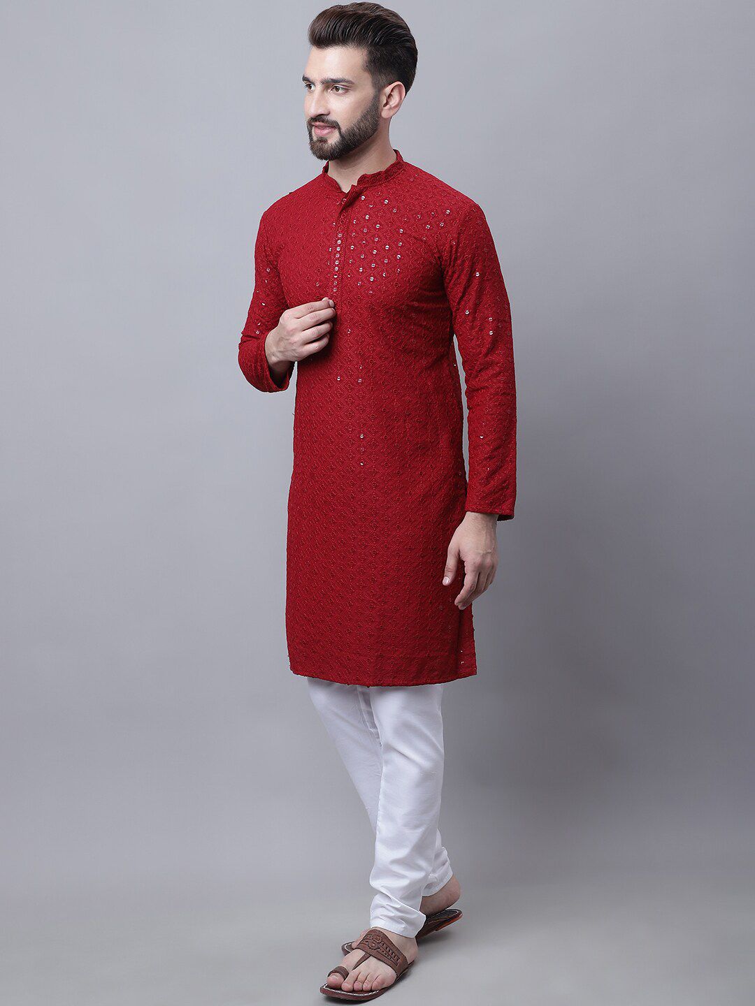 SOJANYA Motif Etnik Bersulam Kurta Kapas Tulen Labuci dengan Piyama & Jaket Nehru