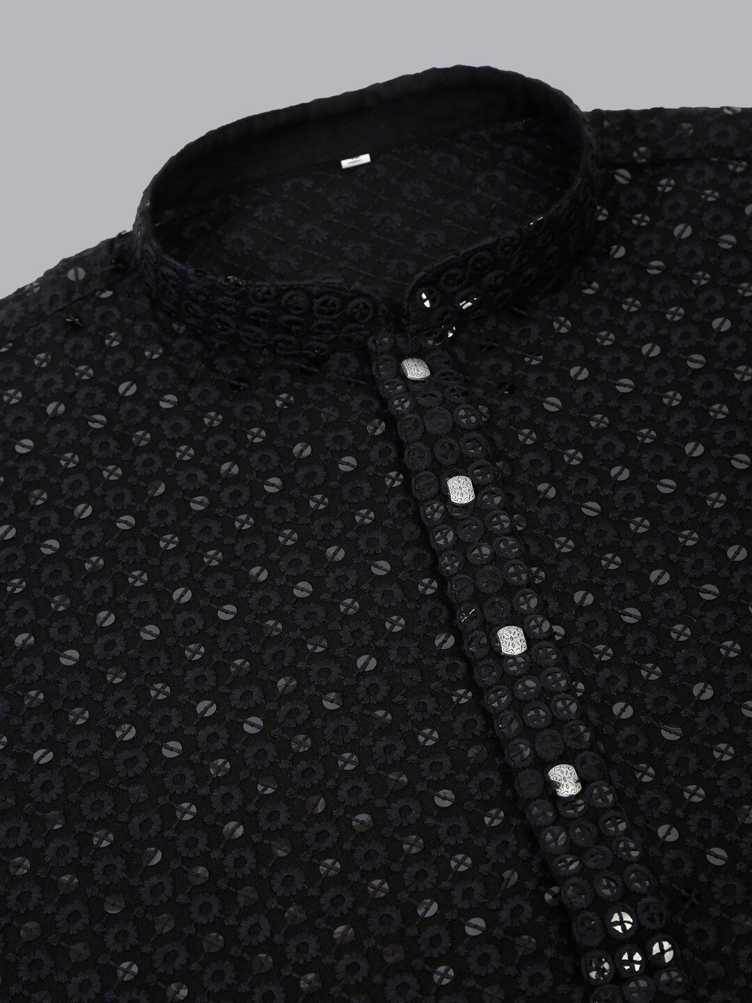 Jompers Men Black Floral Embroidered Sequined Cotton Kurta