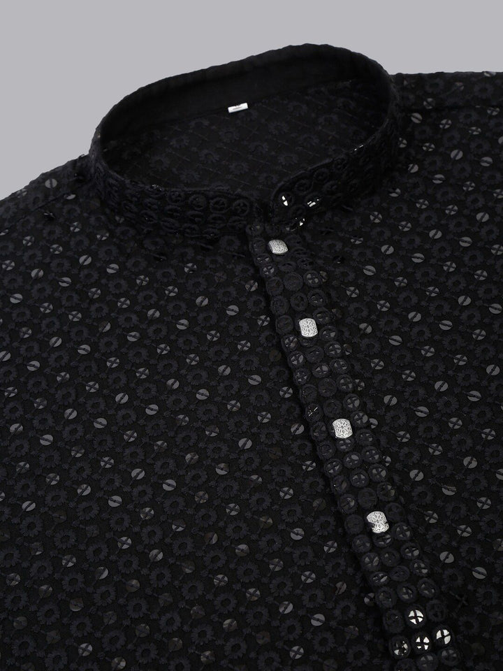 Jompers Men Black Floral Embroidered Sequined Cotton Kurta