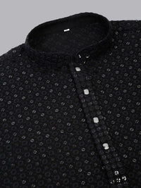 Jompers Men Black Floral Embroidered Sequined Cotton Kurta