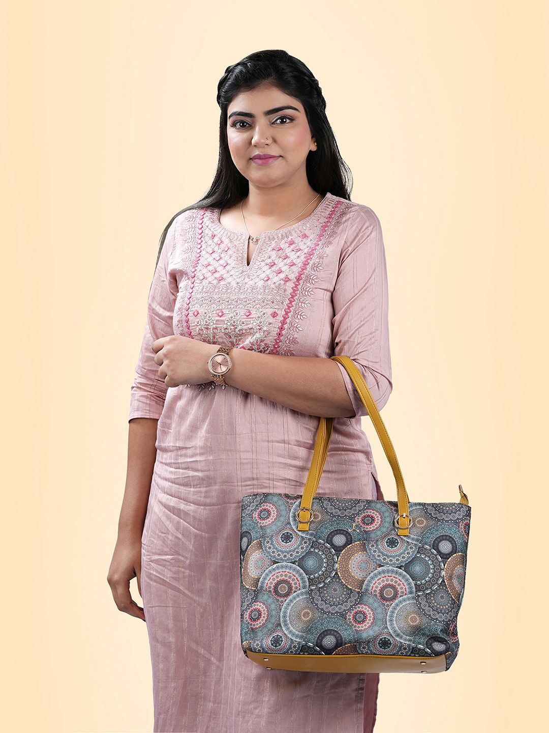 Mochi Green Ethnic Motifs Printed PU Shopper Tote Bag