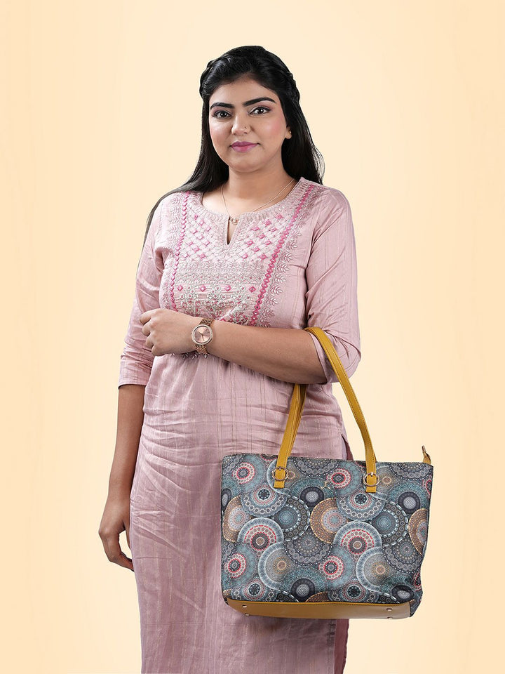 Mochi Green Ethnic Motifs Printed PU Shopper Tote Bag