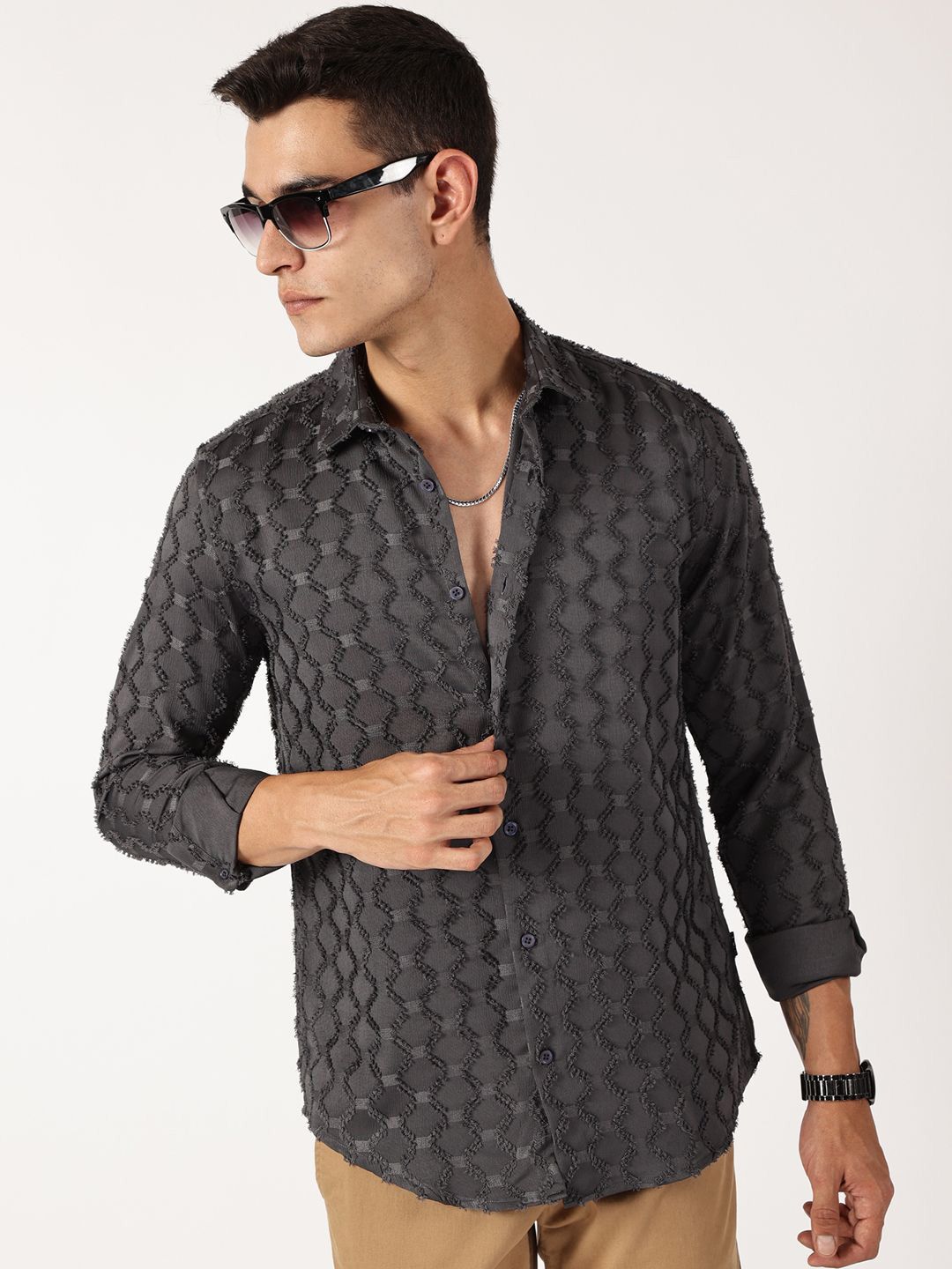 Thomas Scott Men Premium Spread Collar Textured Casual Shirt