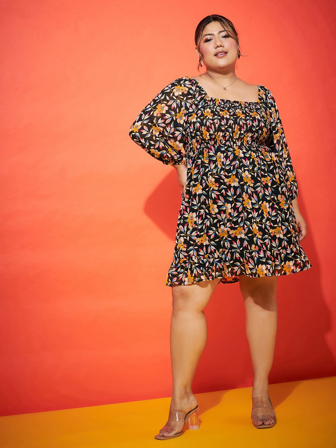 SASSAFRAS Curve Plus Size Black Floral Printed Smocked Georgette Fit & Flare Dress