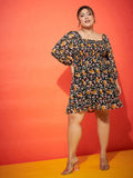 SASSAFRAS Curve Plus Size Black Floral Printed Smocked Georgette Fit & Flare Dress