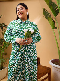 SASSAFRAS Curve Plus Size Green Abstract Print Shirt Collar Cuffed Sleeves Maxi Dress
