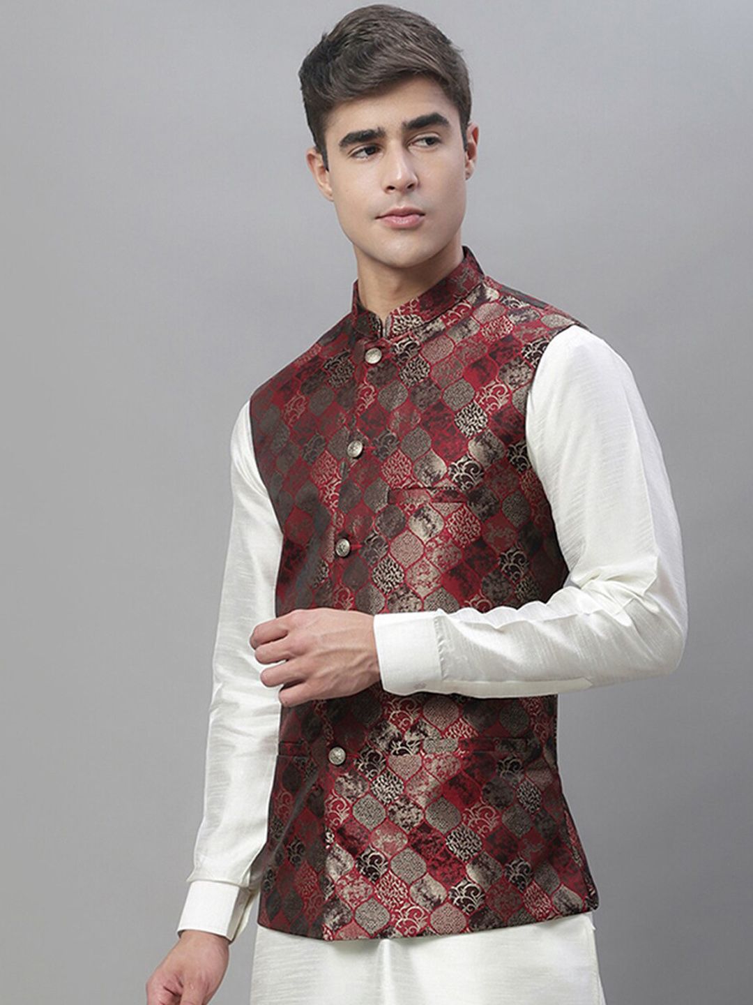 Anouk Men Maroon Woven Design Nehru Jacket