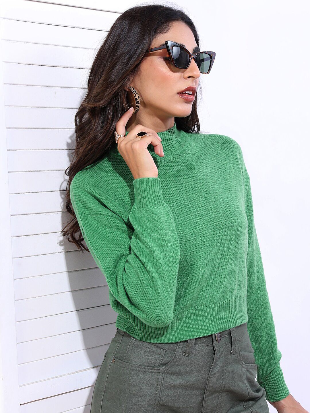 Tokyo Talkies Women Green Ribbed Pullover