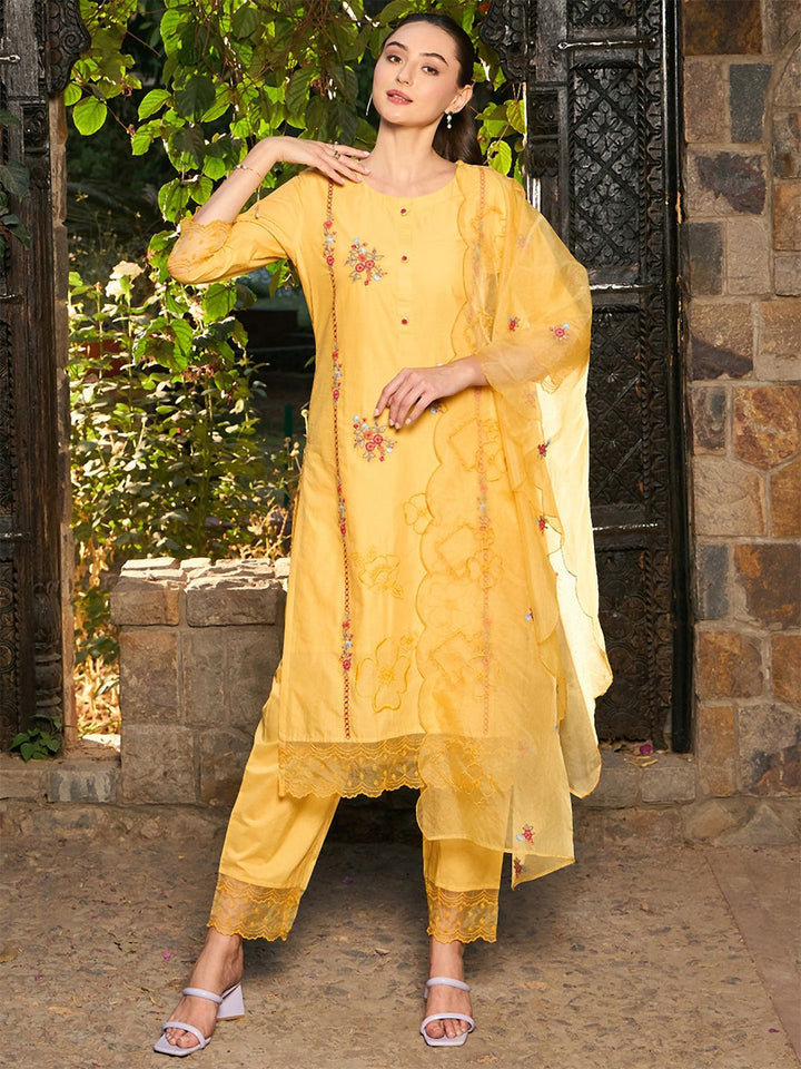 Indo Era Ethnic Motifs Embroidered Thread Work Pure Cotton Kurta with Trousers & Dupatta