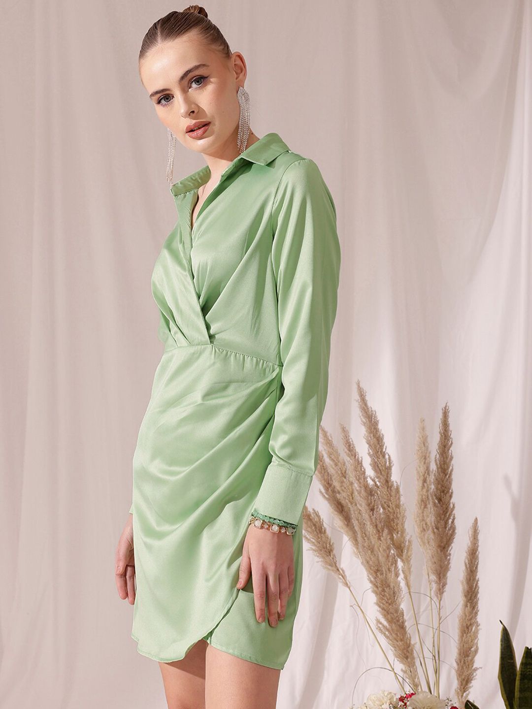 WORK IT by STREET 9 Shirt Collar Long Sleeves Satin Wrap Dress