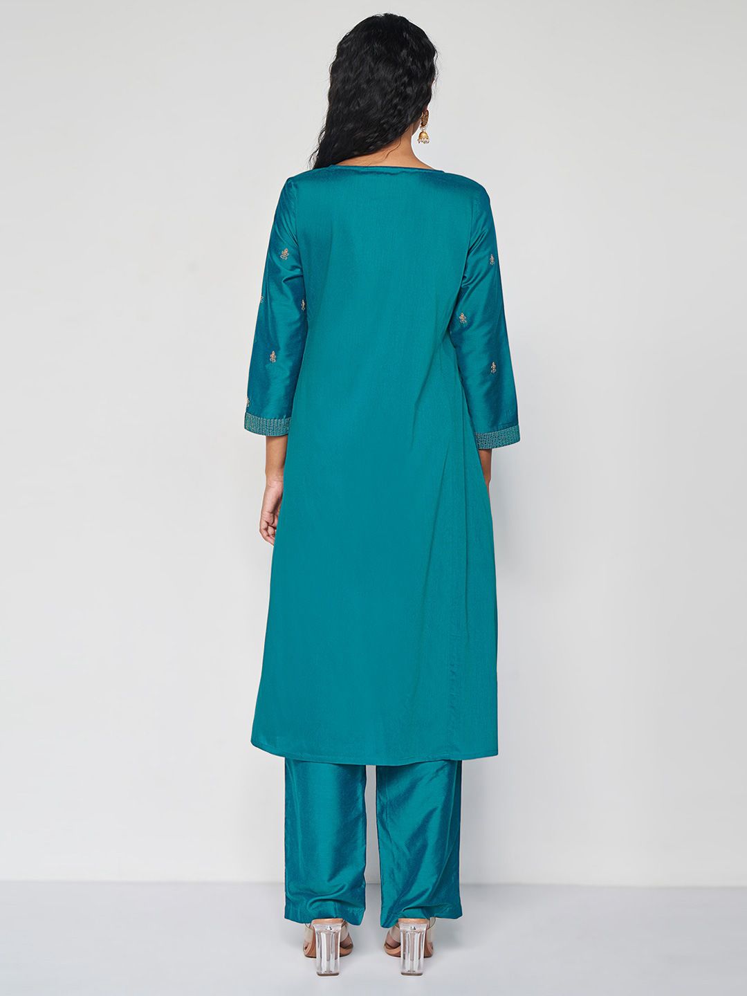 Global Desi Floral Embroidered Thread Work Detail A-Line Kurta with Trousers