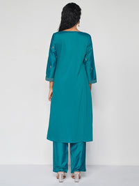 Global Desi Floral Embroidered Thread Work Detail A-Line Kurta with Trousers
