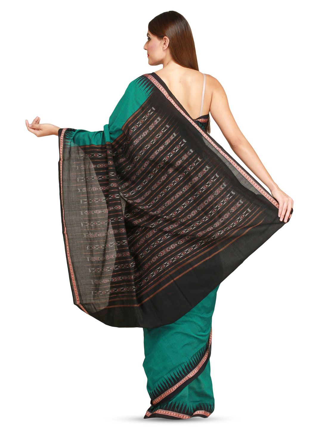Exotic India Green & Black Temple Border Sambhalpuri Saree with Ikat Weave Pallu