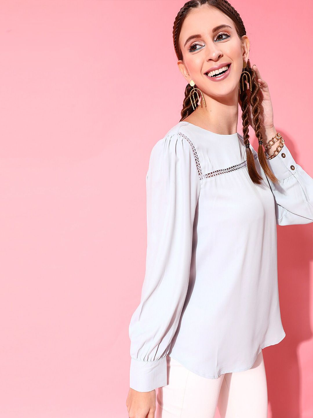 STREET 9 Grey Crepe Styled Back Top with Cuffed Sleeves