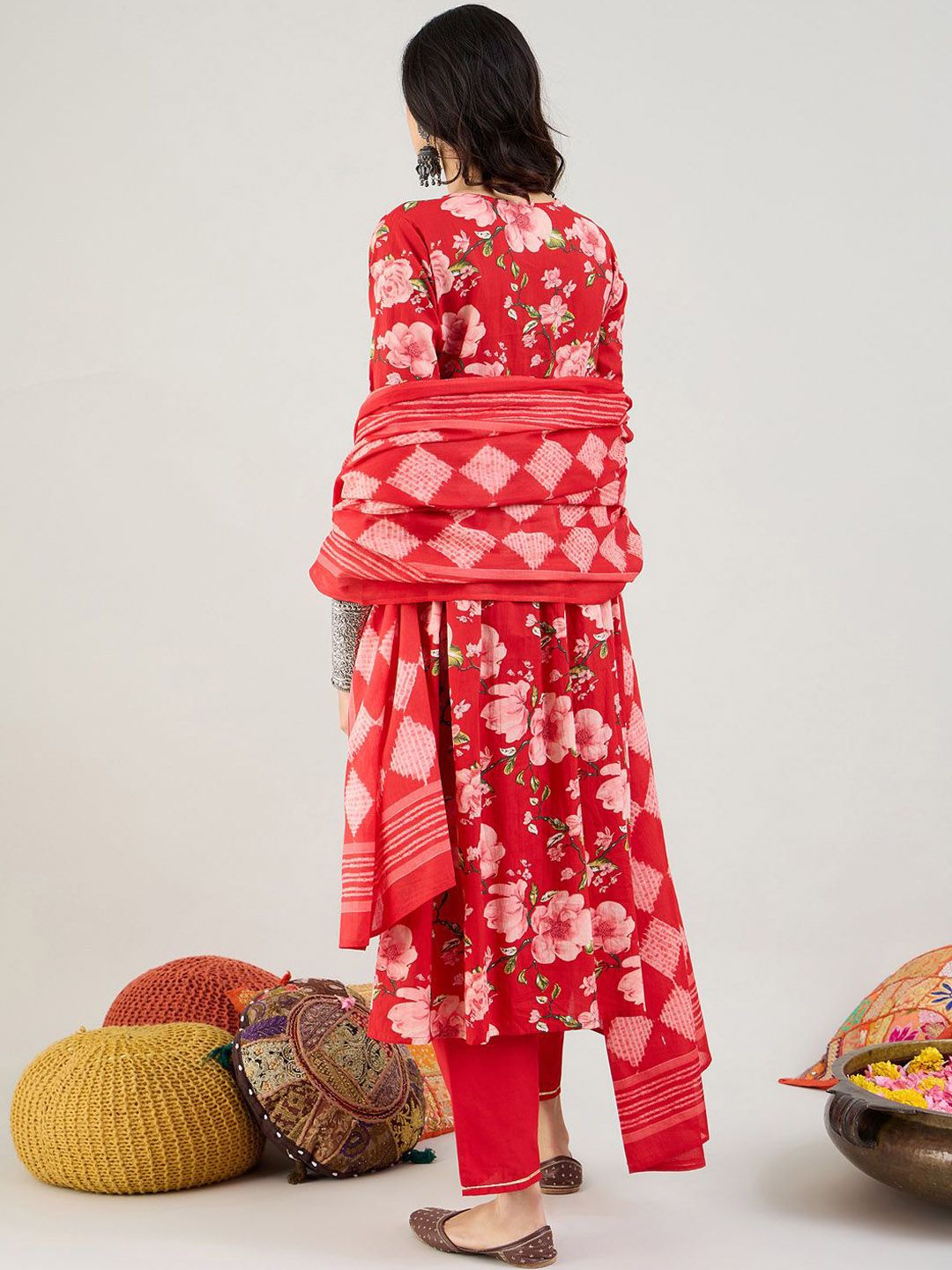 Indo Era Floral Printed Empire Gotta Patti Pure Cotton Kurta & Trousers & Dupatta