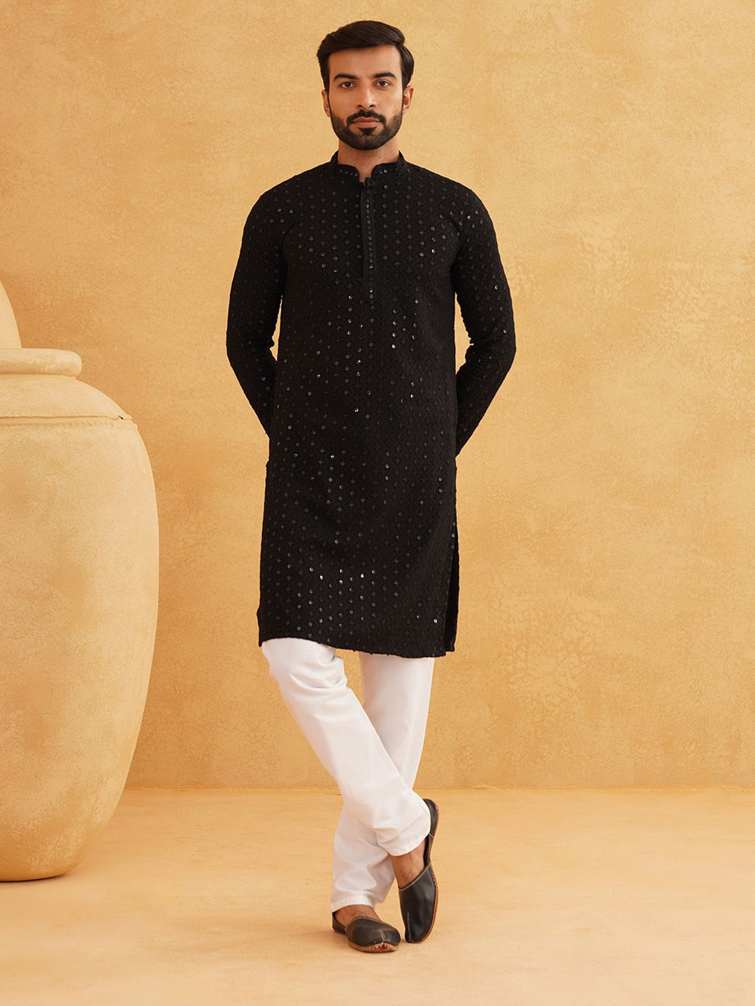 SOJANYA Ethnic Motifs Embroidered Sequined Pure Cotton Kurta with Pyjamas