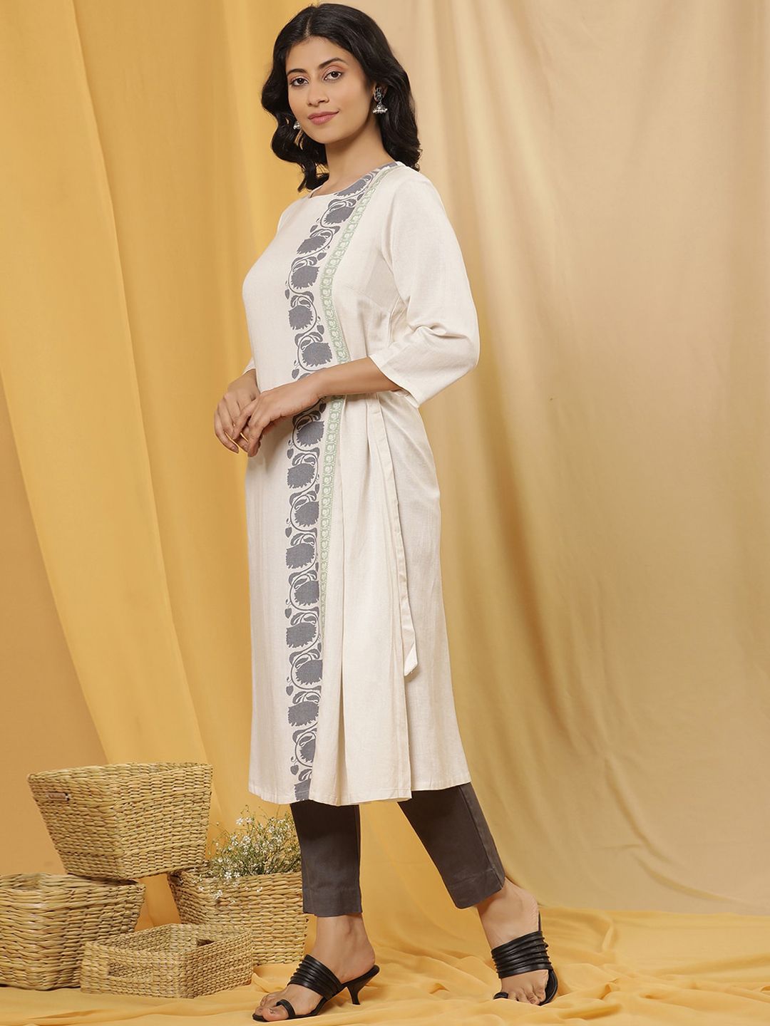 W Woven Design Floral Printed Round Neck Calf Length A-Line Kurta with Trouser
