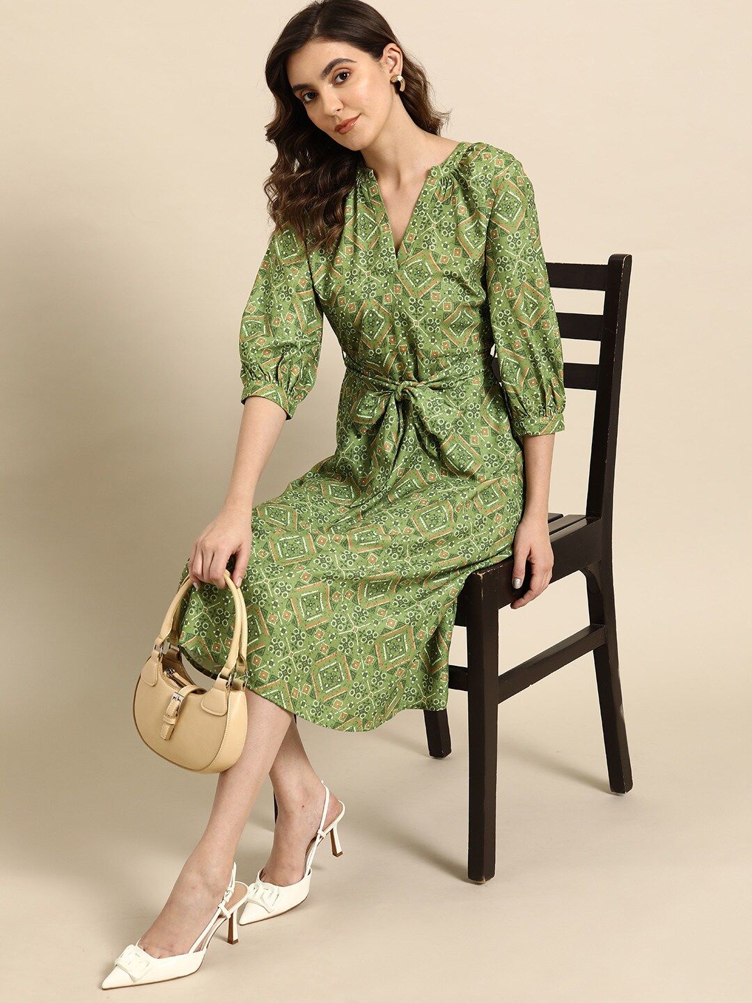 all about you Printed A-Line Ethnic Dress with Belt