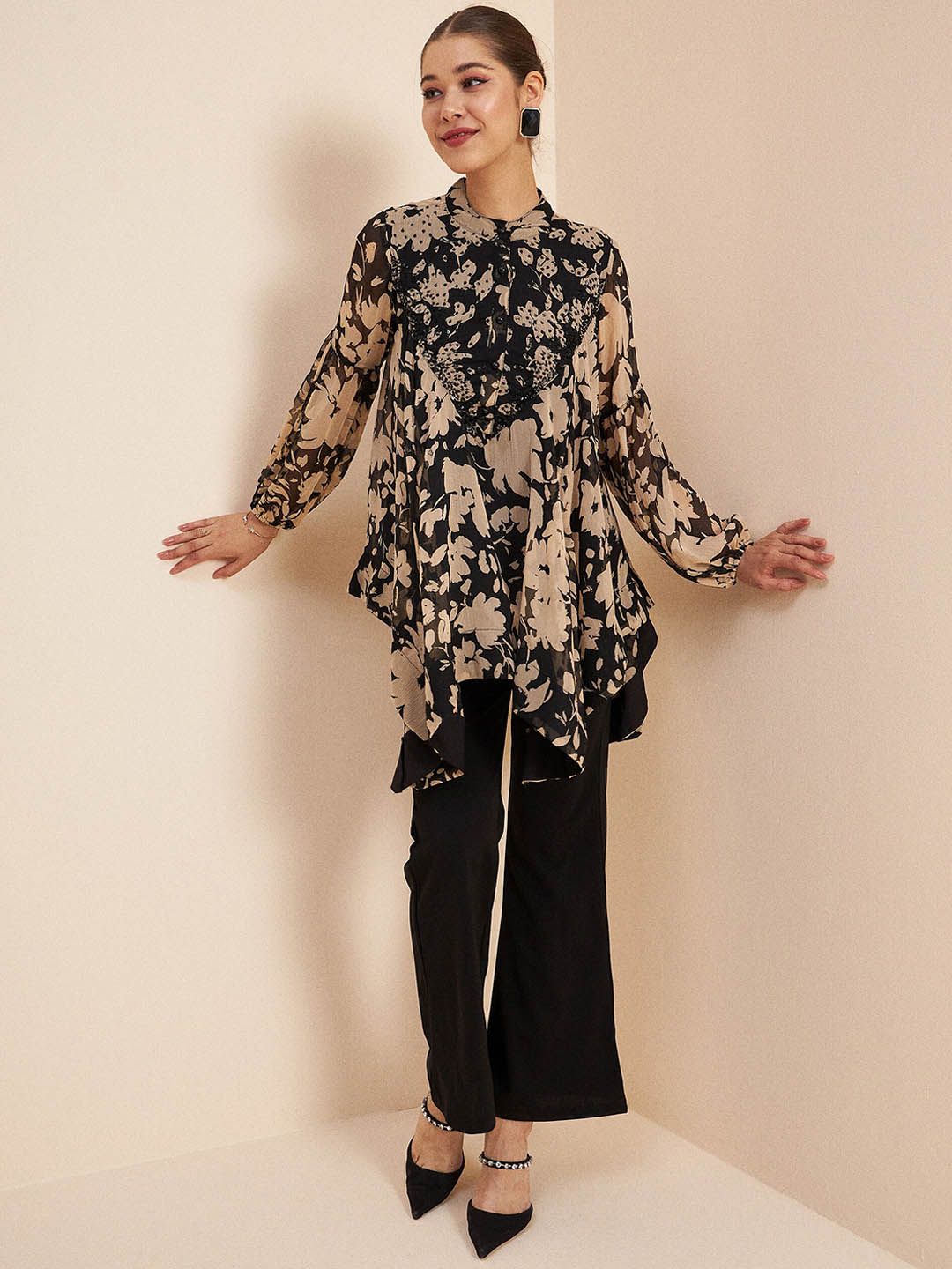 Antheaa Black Printed Embellished Top & Trousers