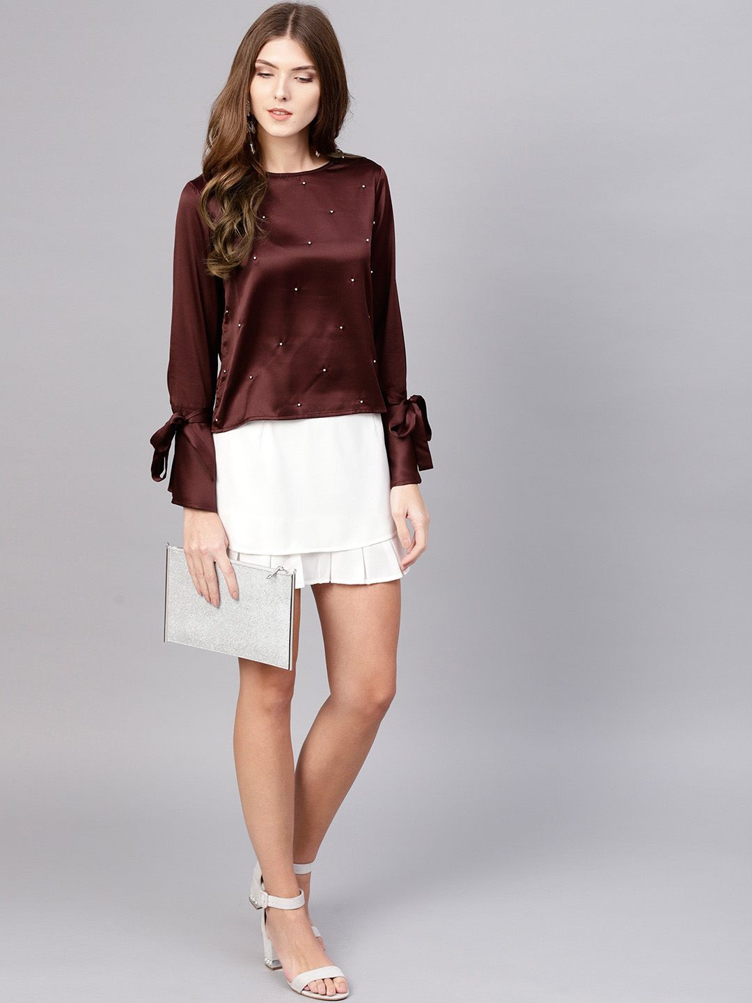 STREET 9 Women Burgundy Satin Embellished Top
