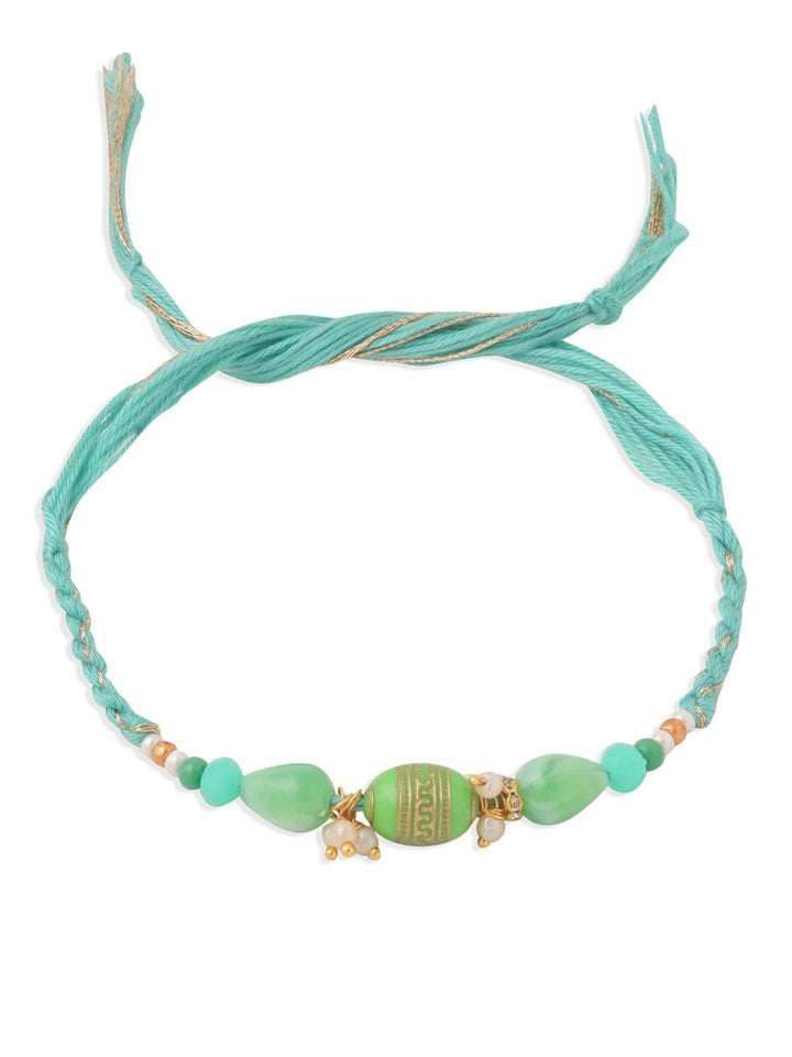 NVR Set of 2 Green Artificial Beads Bhaiya Bhabhi Rakhi with Roli Chawal Chandan & Mishri