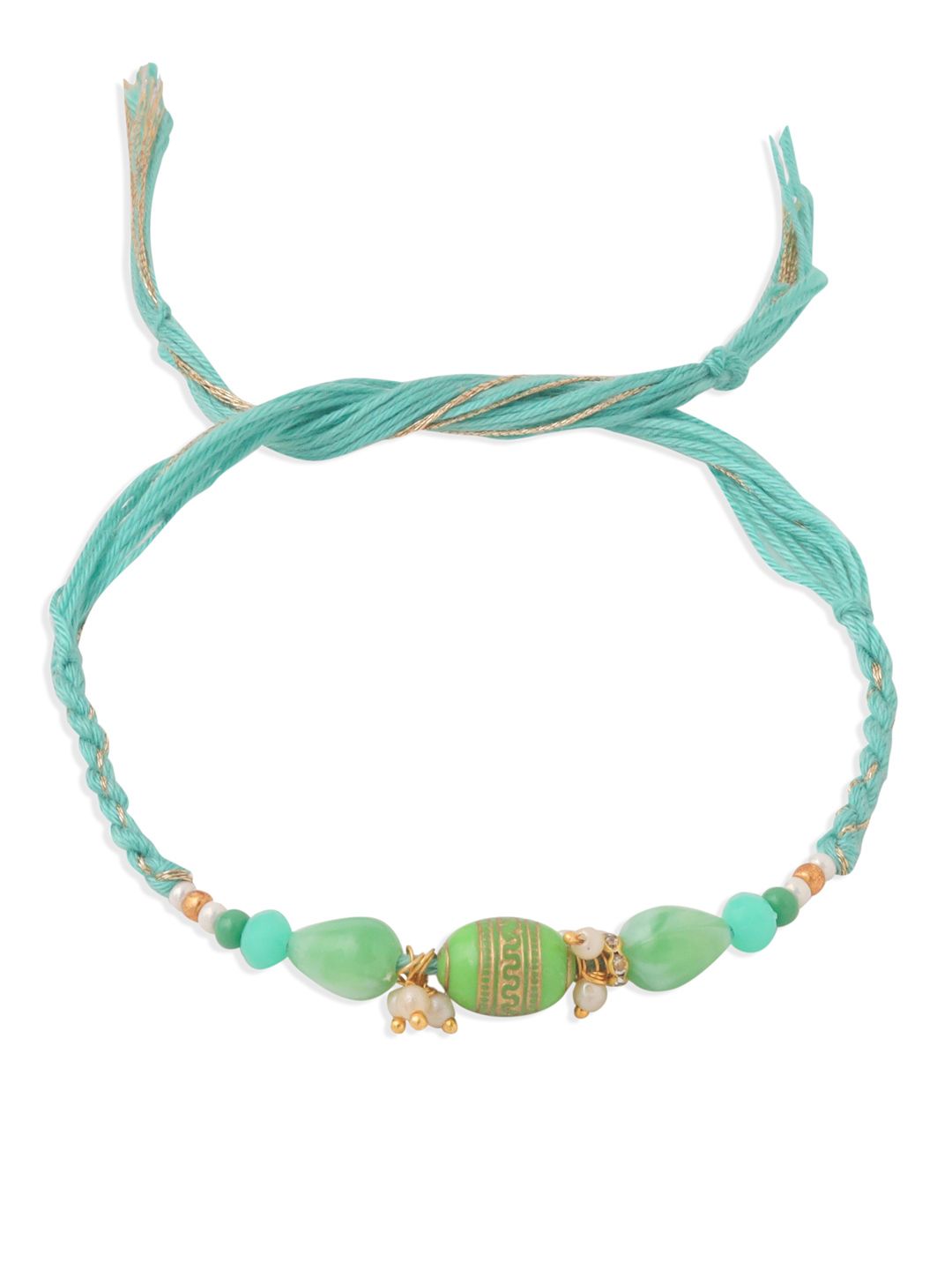 NVR Set of 2 Green Artificial Beads Bhaiya Bhabhi Rakhi with Roli Chawal Chandan & Mishri